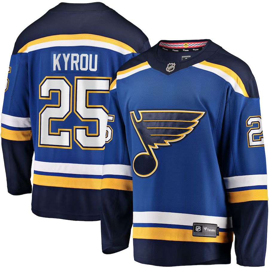Men St. Louis Blues 25 Jordan Kyrou Fanatics Branded Blue Home Team Breakaway Player NHL Jersey